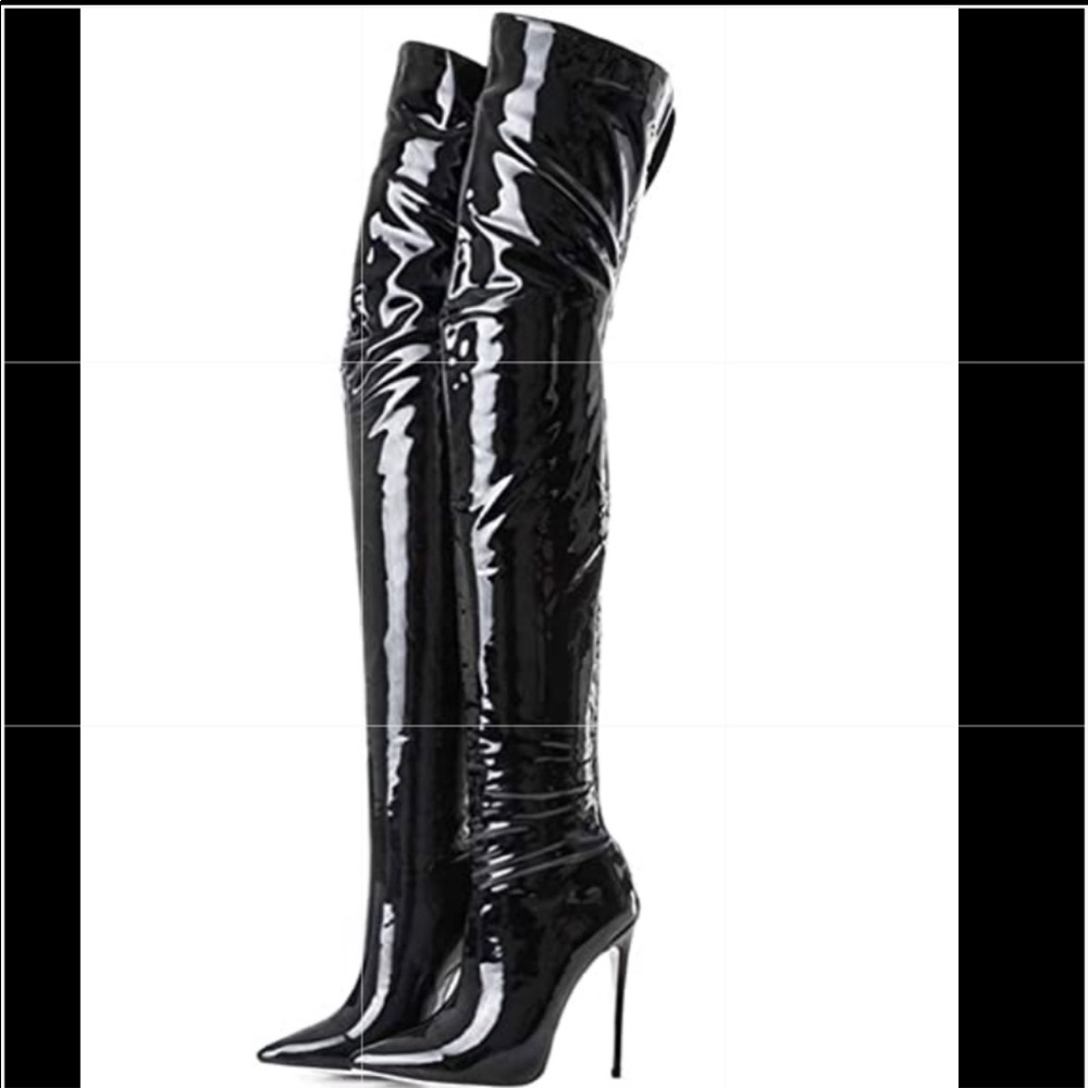 Shiny black pleather thigh high boots